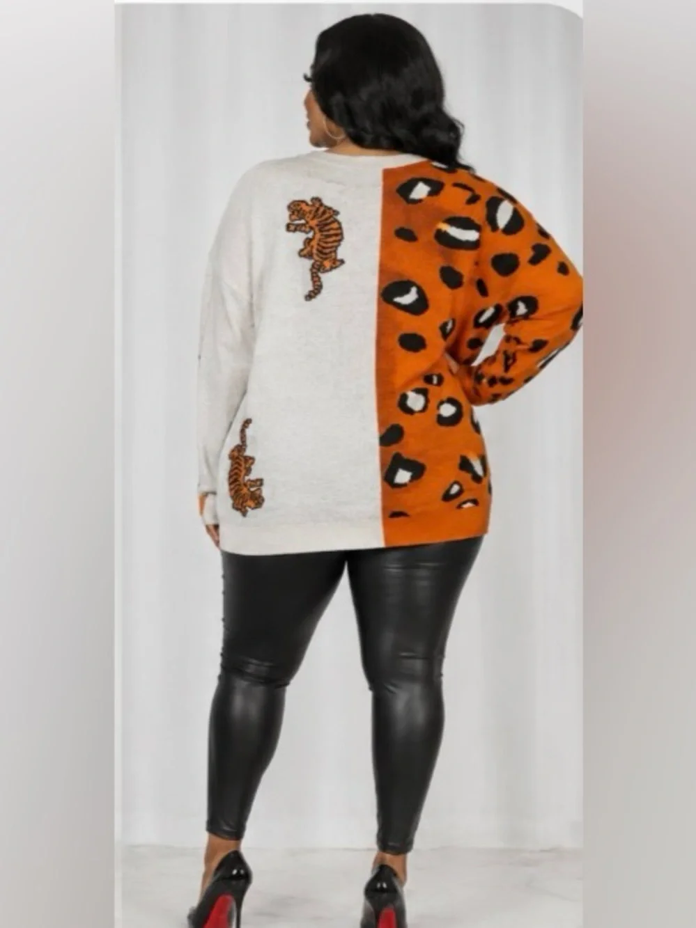 Orange and Cream Leopard-Tiger Button Down Cardigan Sweater - Women